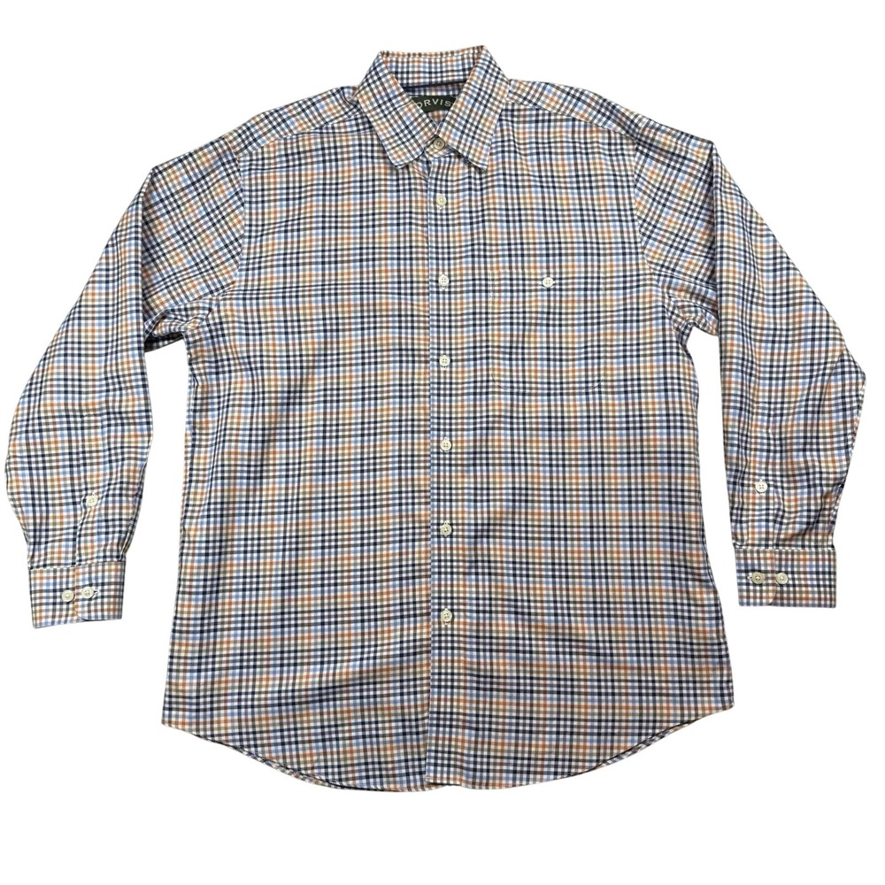 Orvis Button Down Shirt Men's Large Orange Blue Cotton Plaid Long Sleeve Office